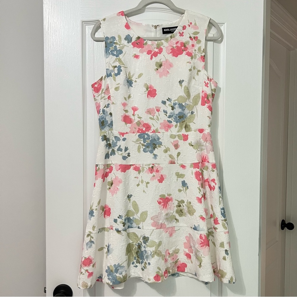 Karl Lagerfeld White and Pastels Floral Sleeveless Scoop Neck Midi Dress